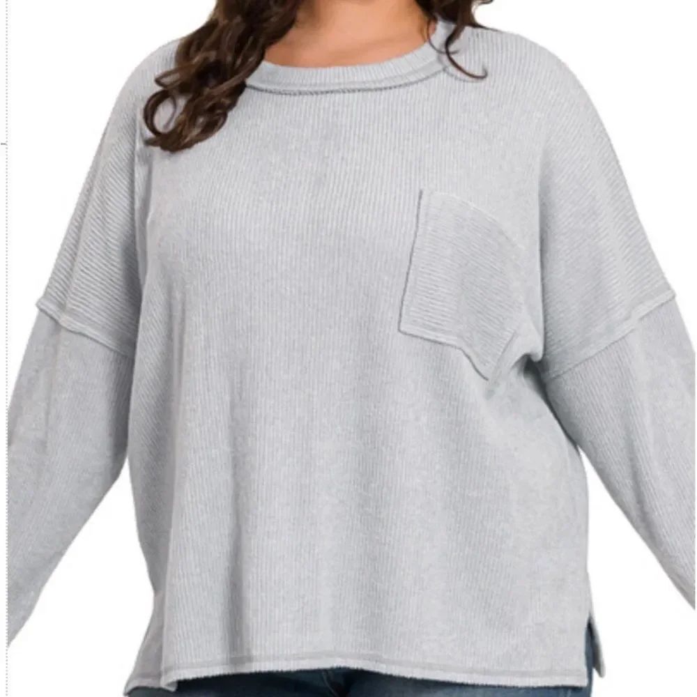 Zenana Contrast Stitching Brushed Ribbed Hacci Knit Top LIGHT GREY  Ht-2414D6